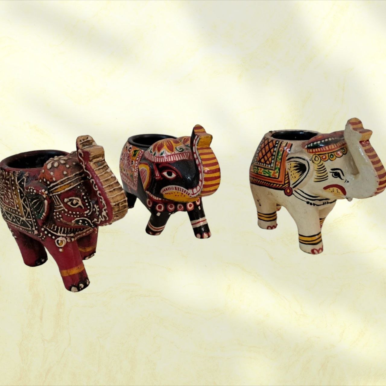 Candle Stands Wooden Handpainted: Elephants