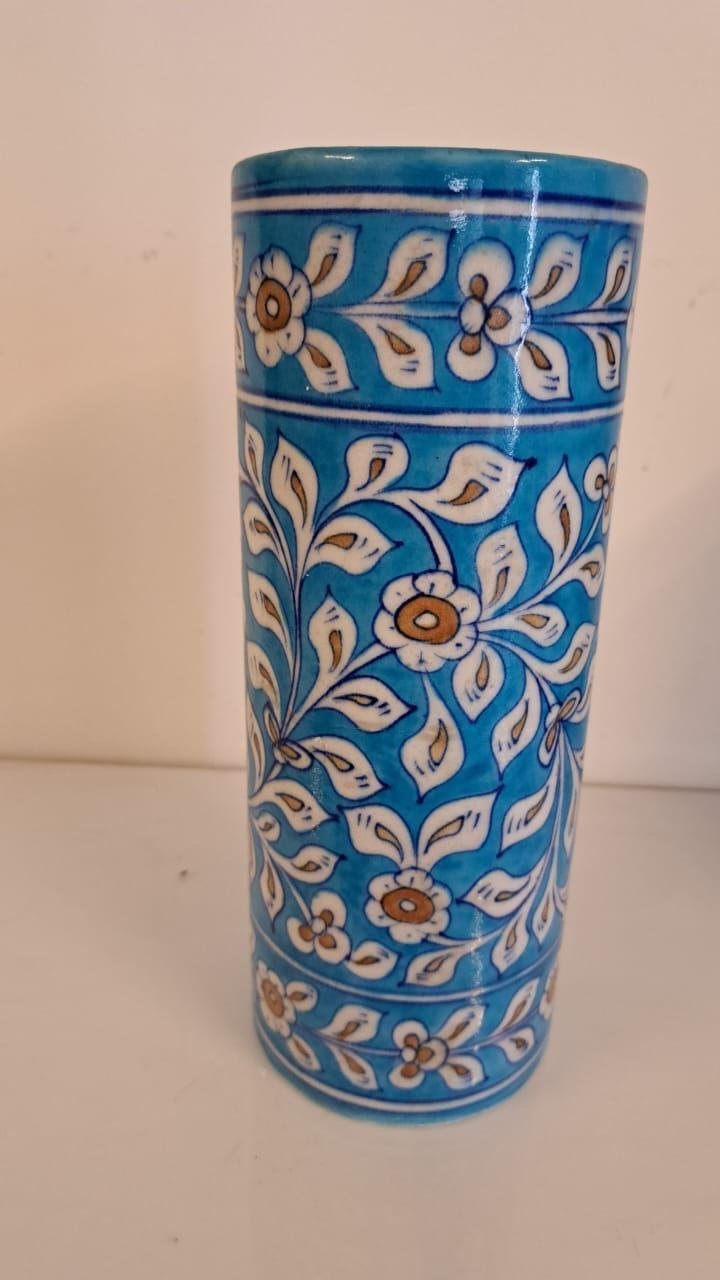 Blue Pottery Cylindrical Flower Vase