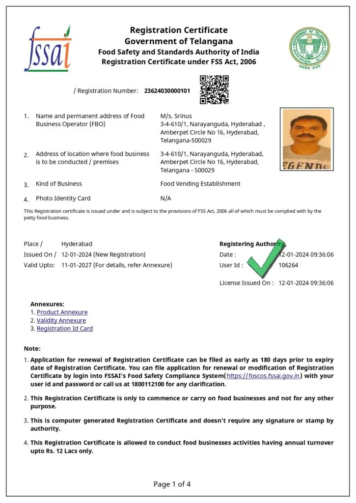 SRINUS SINCE 1997 Registration Certificate